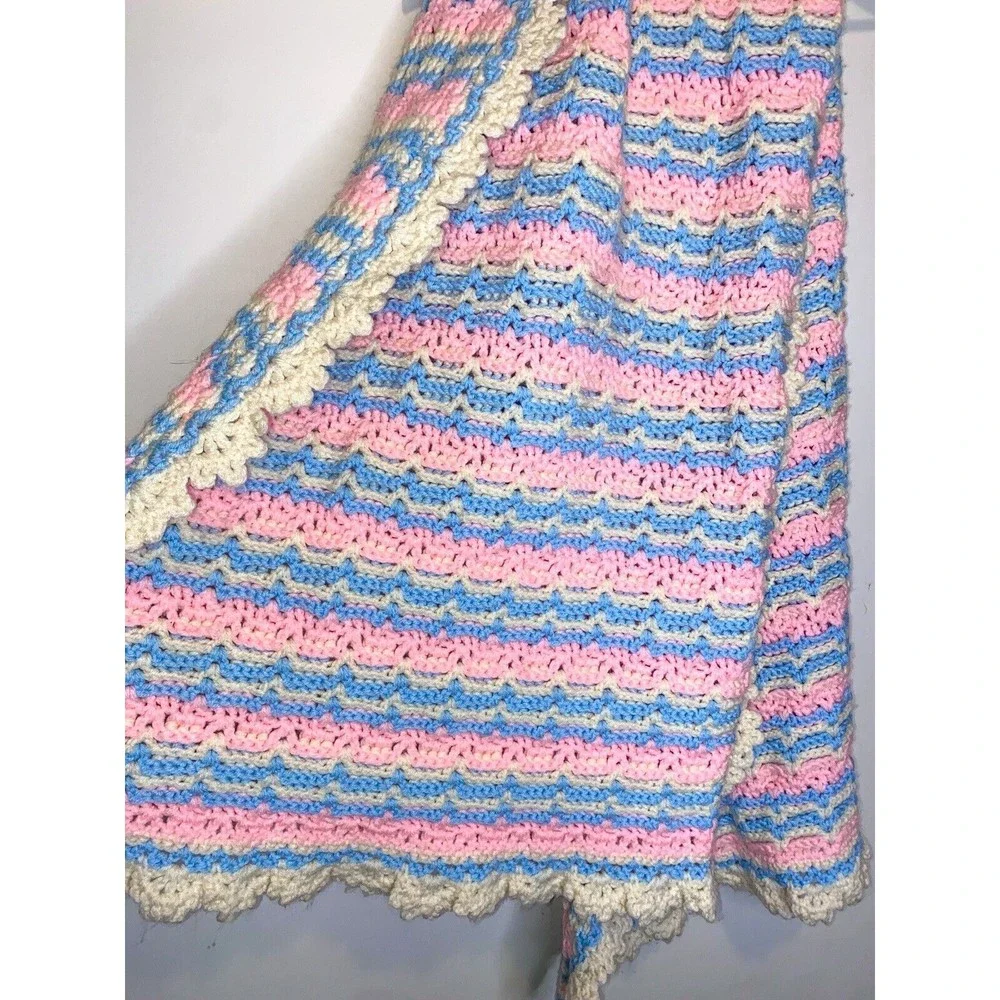 Vtg Handmade Crochet Baby Blanket/Afghan Pink/Blue/Ivory Shower Gift 44x58